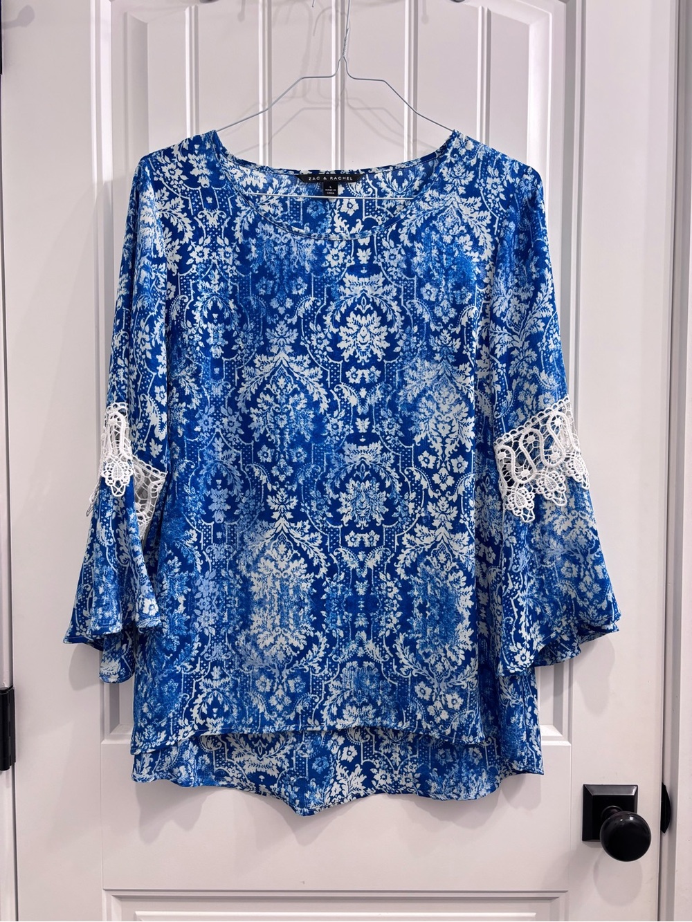 Zac & Rachel Blue Paisley Crochet-Trim Bell Sleeve Blouse